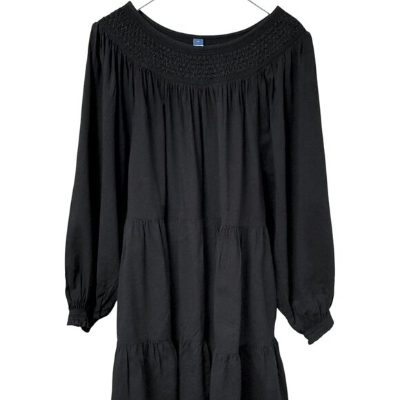 Old Navy Black Tiered Peasant Dress XL Smocked Cotton Blend Pockets Knee Length - Picture 6 of 9